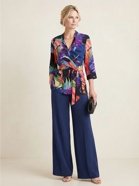 Natori NEW Multi Tropical Floral Print M Top V Neck Belt Tunic Blouse Boho Crepe